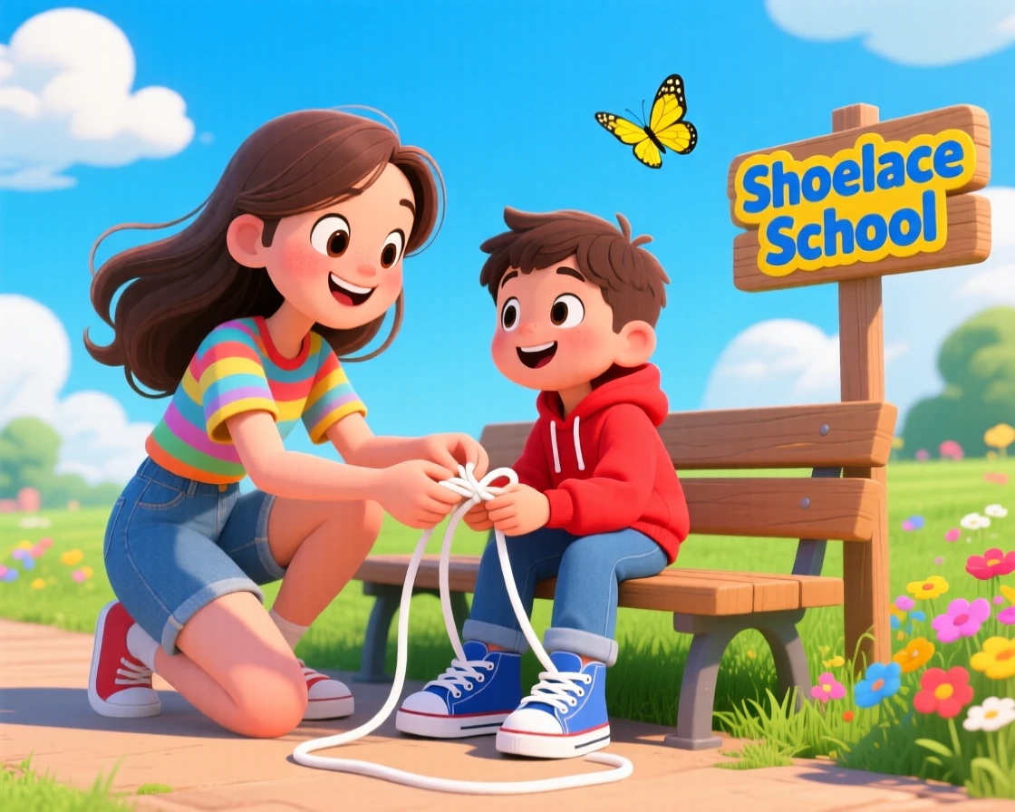 A big sister teaching her little brother to tie his shoelaces.