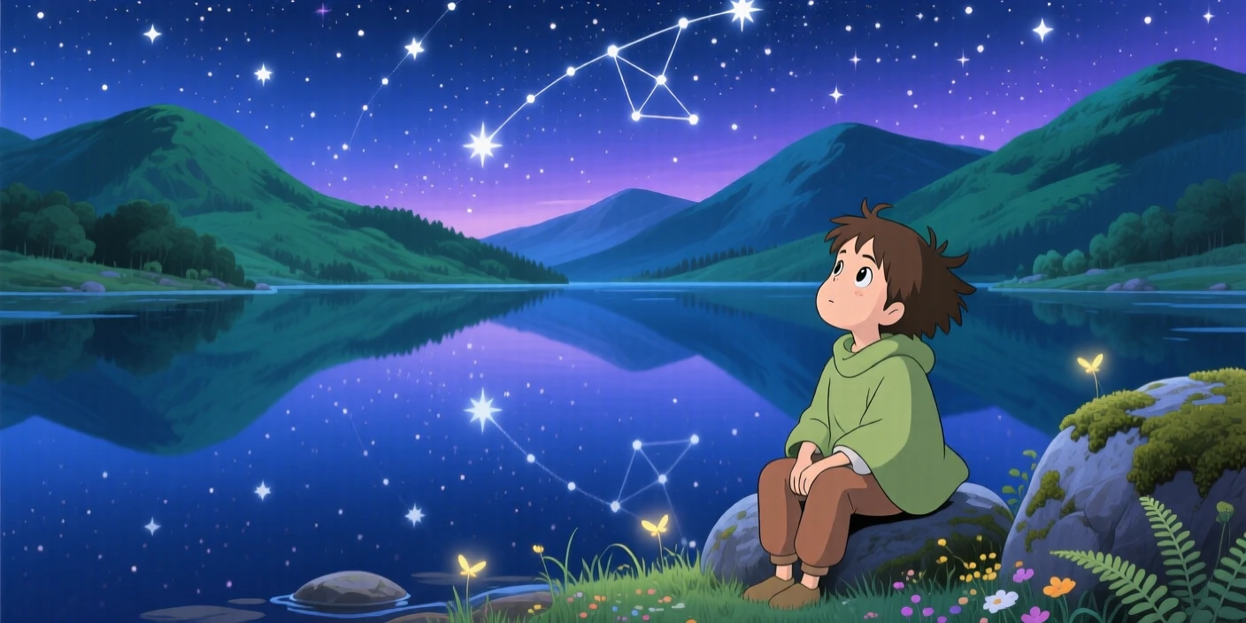 A nighttime scene of a starry sky reflected in a still mountain lake, peacefully luminous.