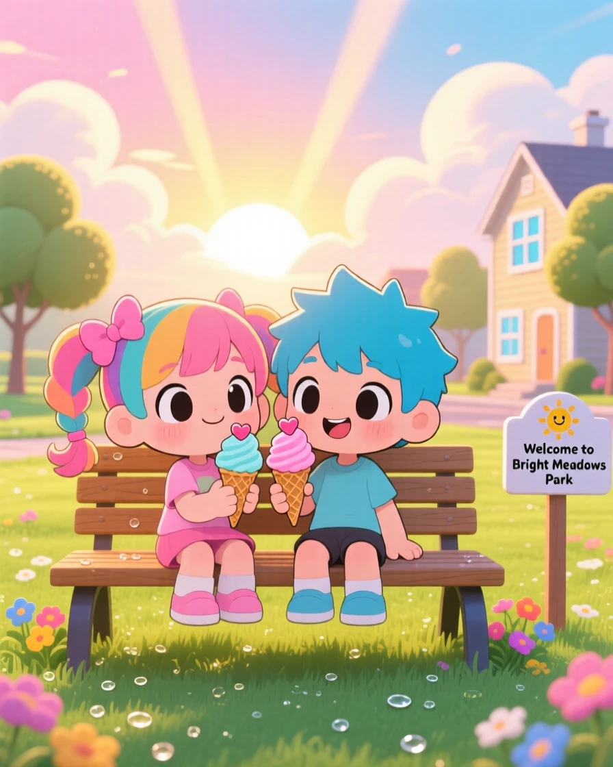 Symmetrical front-on view of twin siblings, sharing an ice cream cone on a park bench, in a lively neighborhood park, as morning dew glistens on the grass, illuminated by rays of sunrise breaking through clouds, radiating playful mischief.