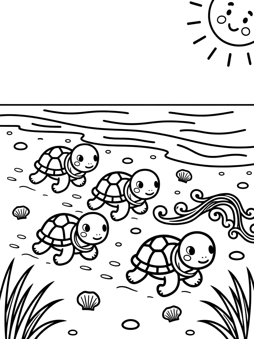 A group of baby turtles racing across a sandy beach