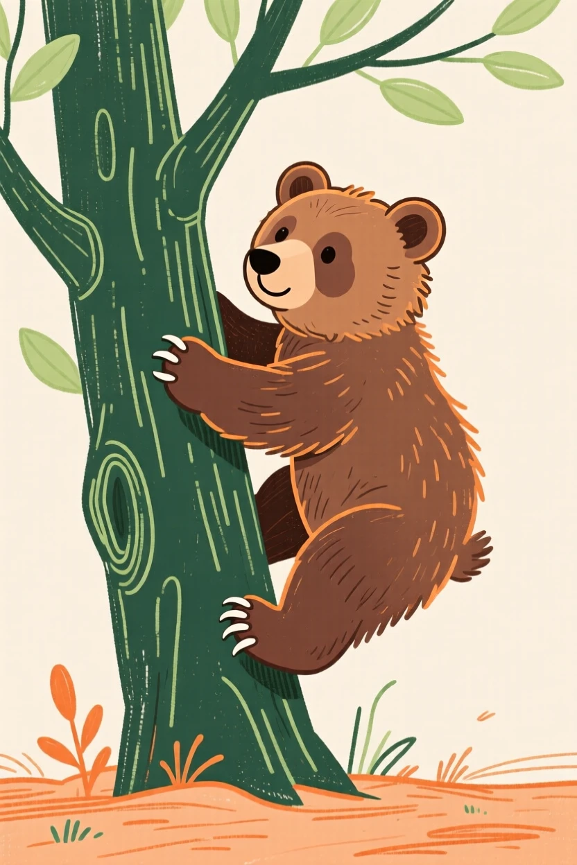 A bear cub climbing a tree.