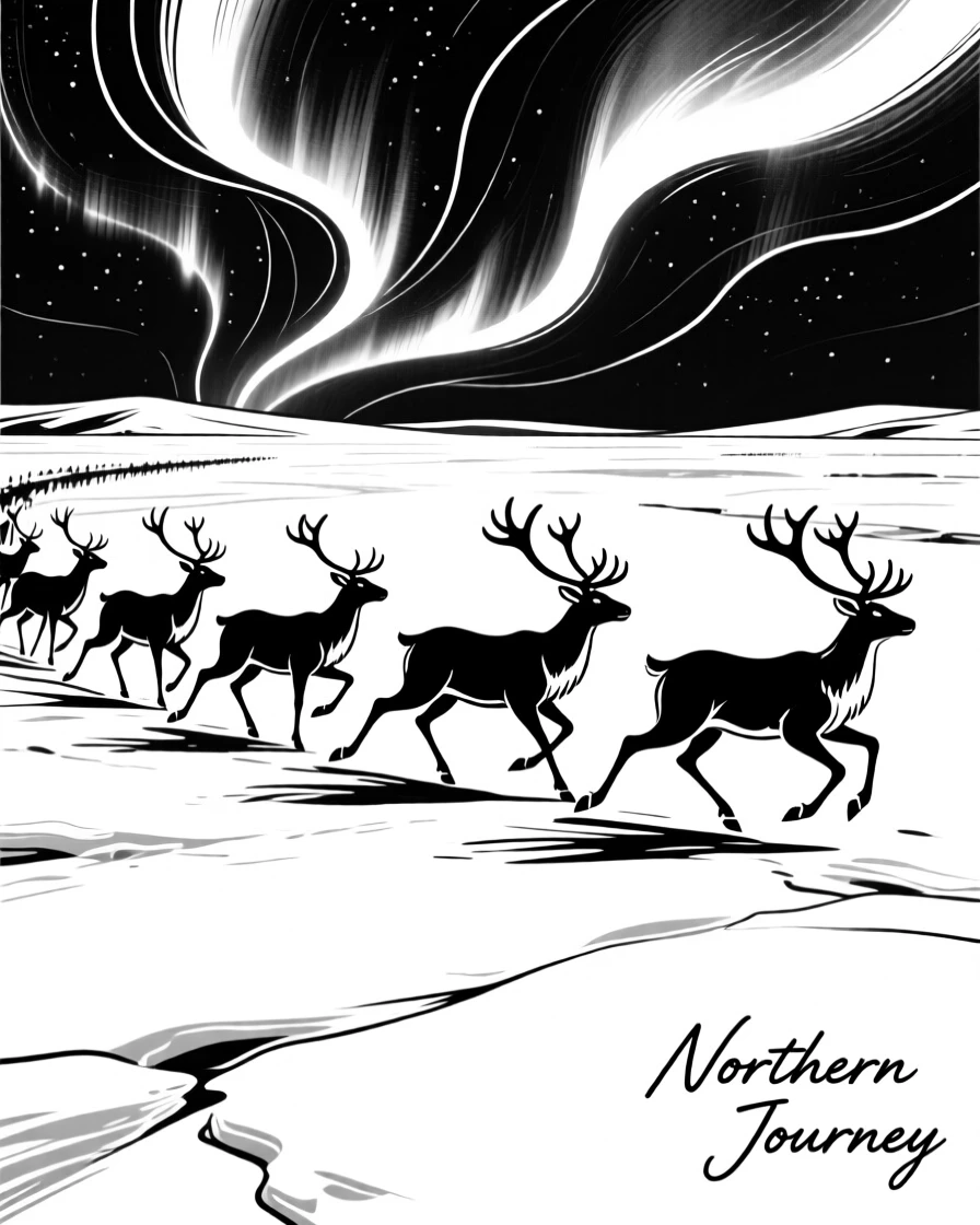 A herd of reindeer crossing a frozen tundra beneath the northern lights.