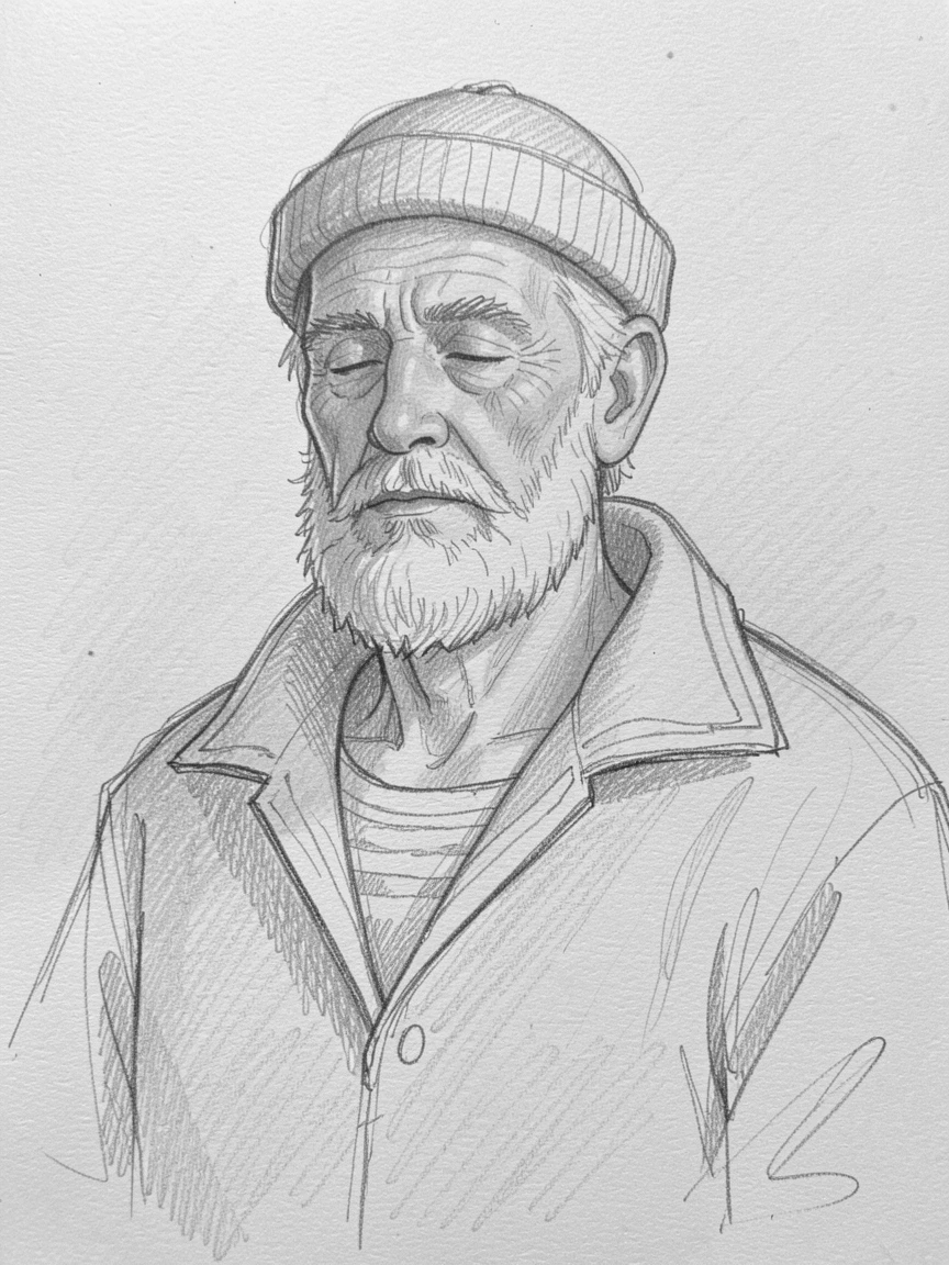 A tender portrait of a wise old sailor, eyes closed in quiet contemplation, standing in golden afternoon light.