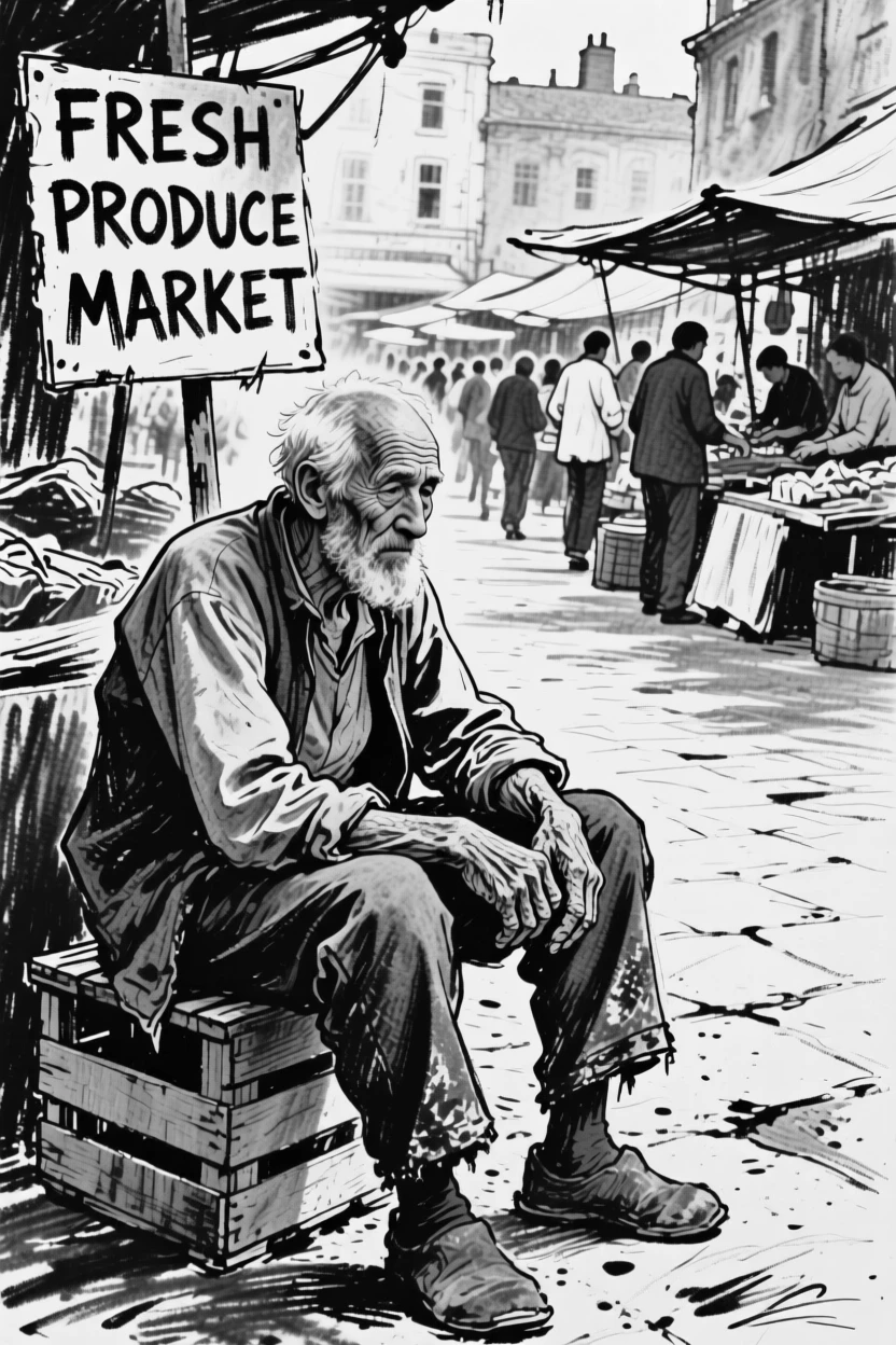 A grandfather resting after a hard day's work, hands calloused and proud, in a bustling market square.