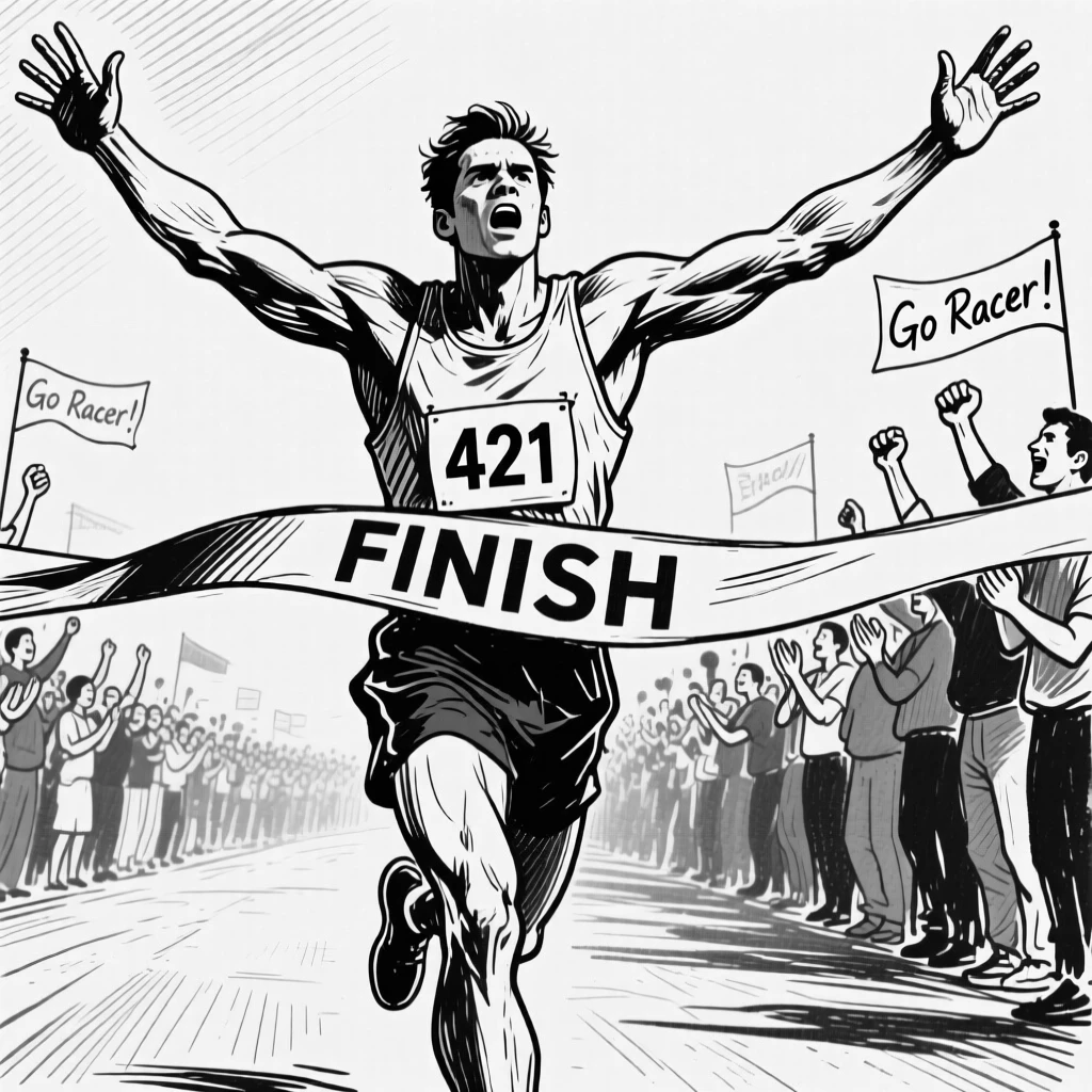 A runner crossing a finish line, arms outstretched, a cheering crowd blurred behind.