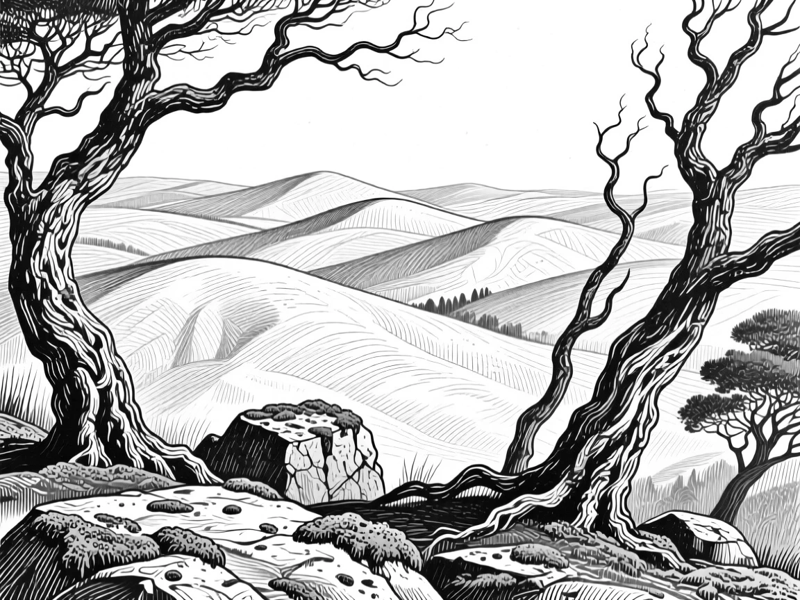 A chain of rolling hills framed by twisted old trees, with patches of moss clinging to weathered rock, evoking a wild and untamed atmosphere in a wide, balanced composition.