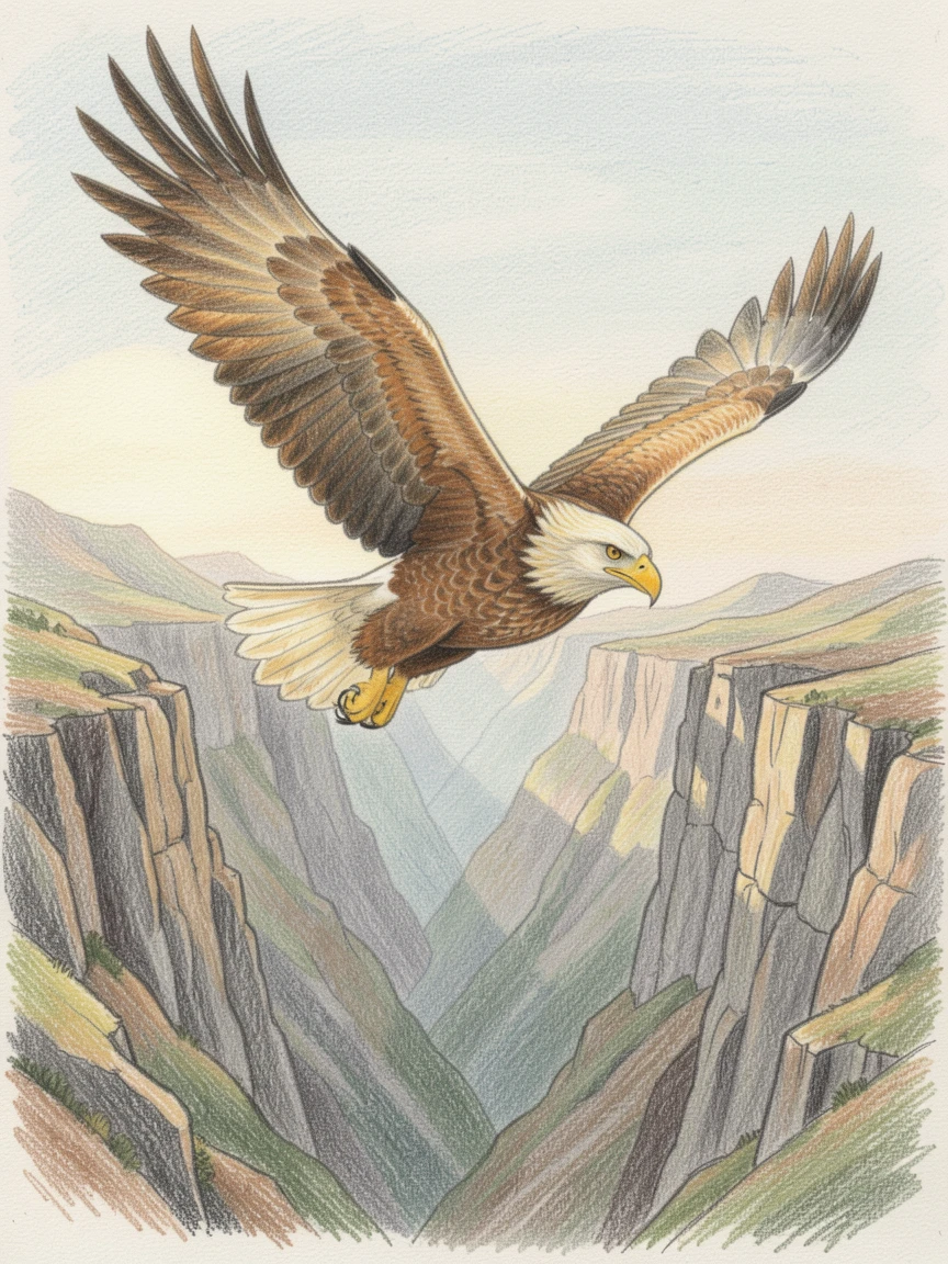 A golden eagle soaring above a dramatic mountain canyon, surrounded by soft natural light and gentle shadows, evoking comfort, loyalty, and quiet companionship.