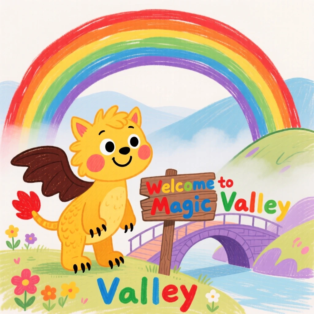 A playful griffin cub beside a rainbow bridge over a misty valley.