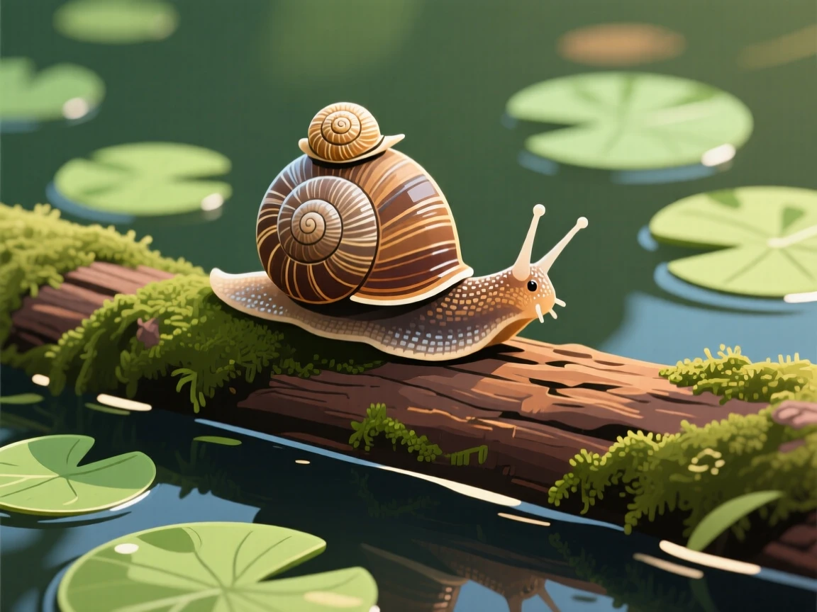 A snail carrying a tiny spiral shell across a mossy log, surrounded by delicate lily pads on a still pond, captured in profile with soft rim lighting, with vivid, richly saturated colors that pop.