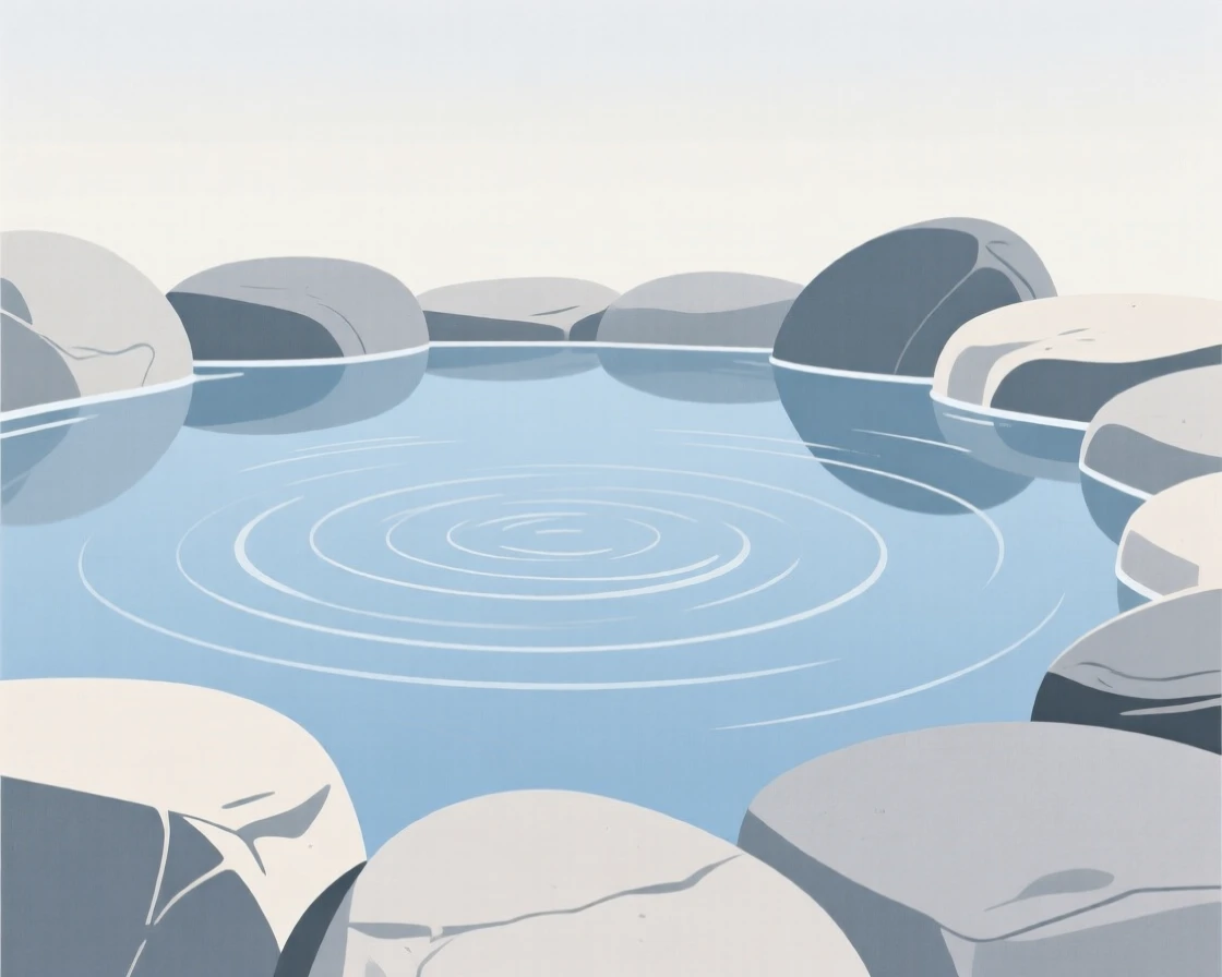 A tranquil quiet lagoon surrounded by smooth stones, with gentle ripples on the surface.
