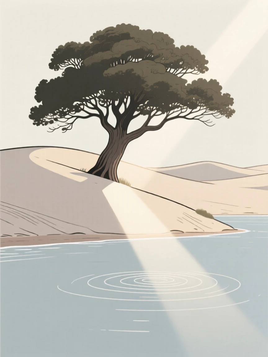 Sunlight falling across a coastal dune landscape as an ancient oak tree moves slowly past ripples spreading across still water, evoking quiet solitude.