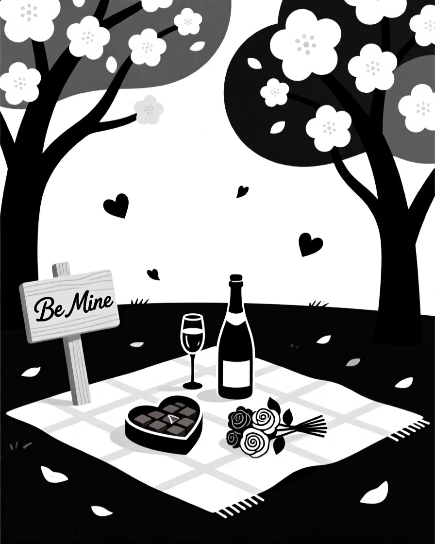 A Valentine's Day picnic beneath blossoming trees.