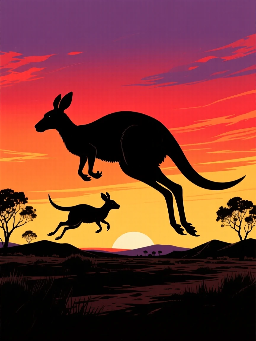 A kangaroo and her joey bounding across the Australian outback at sunset.