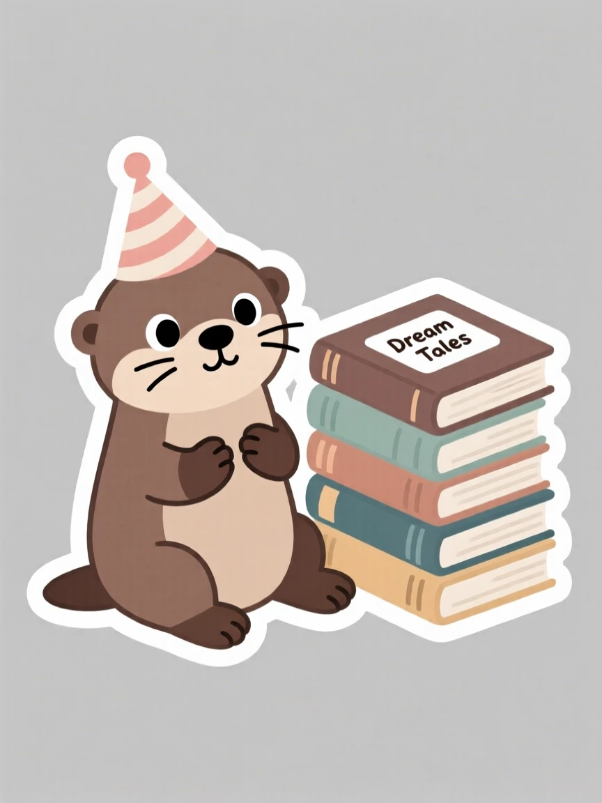 A dreamy curious baby otter holding a paper party hat, beside a stack of storybooks.