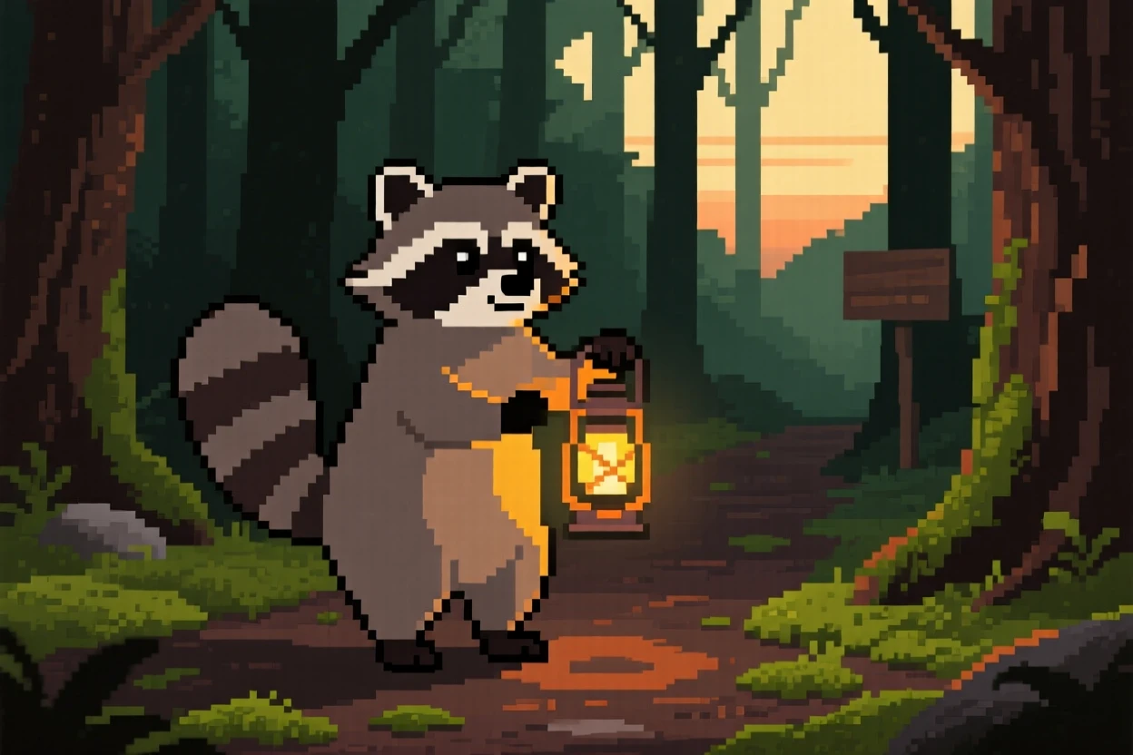 A curious raccoon holding a lantern on a dark forest path, in a mossy forest clearing at dawn.