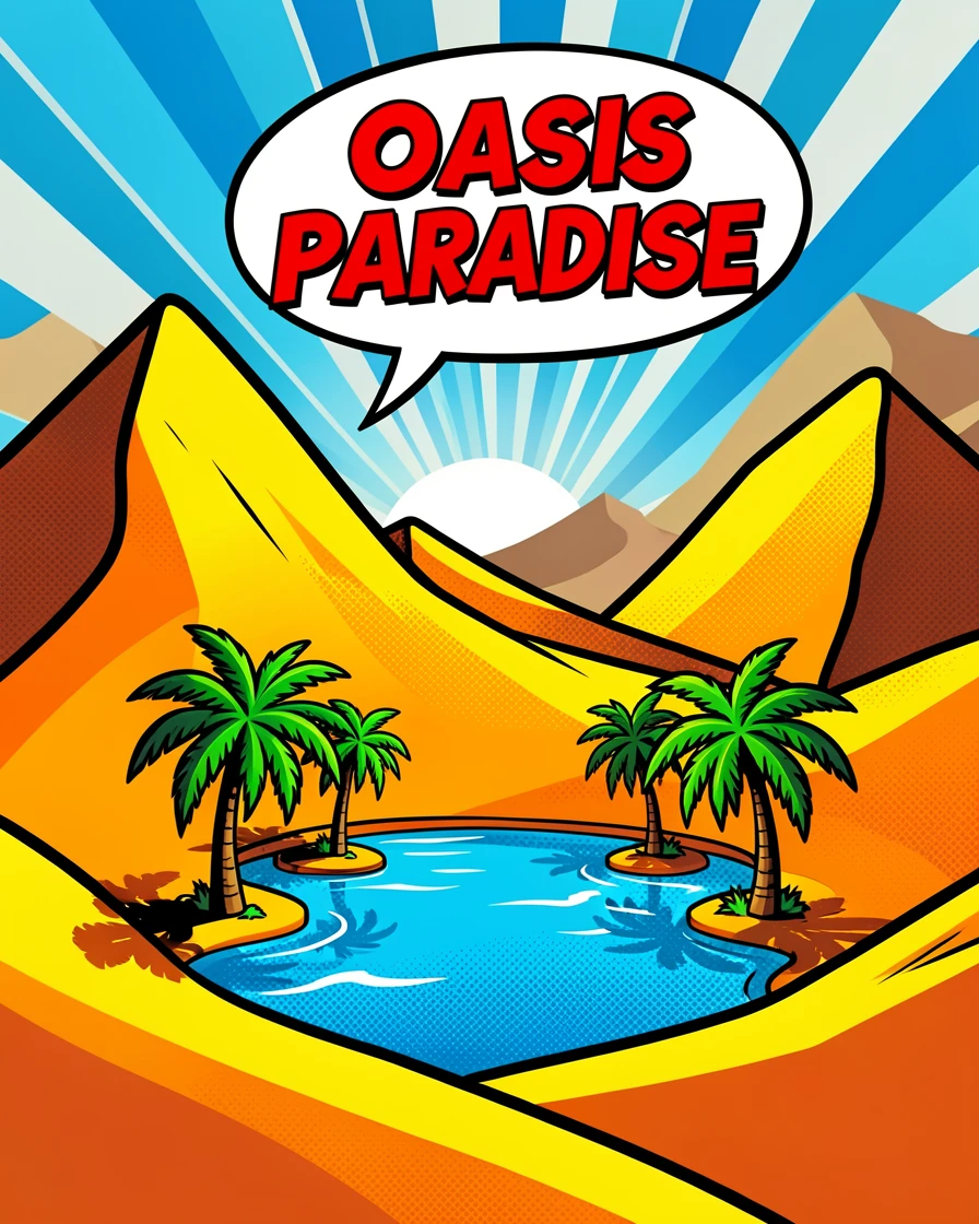 A desert oasis surrounded by towering sand dunes