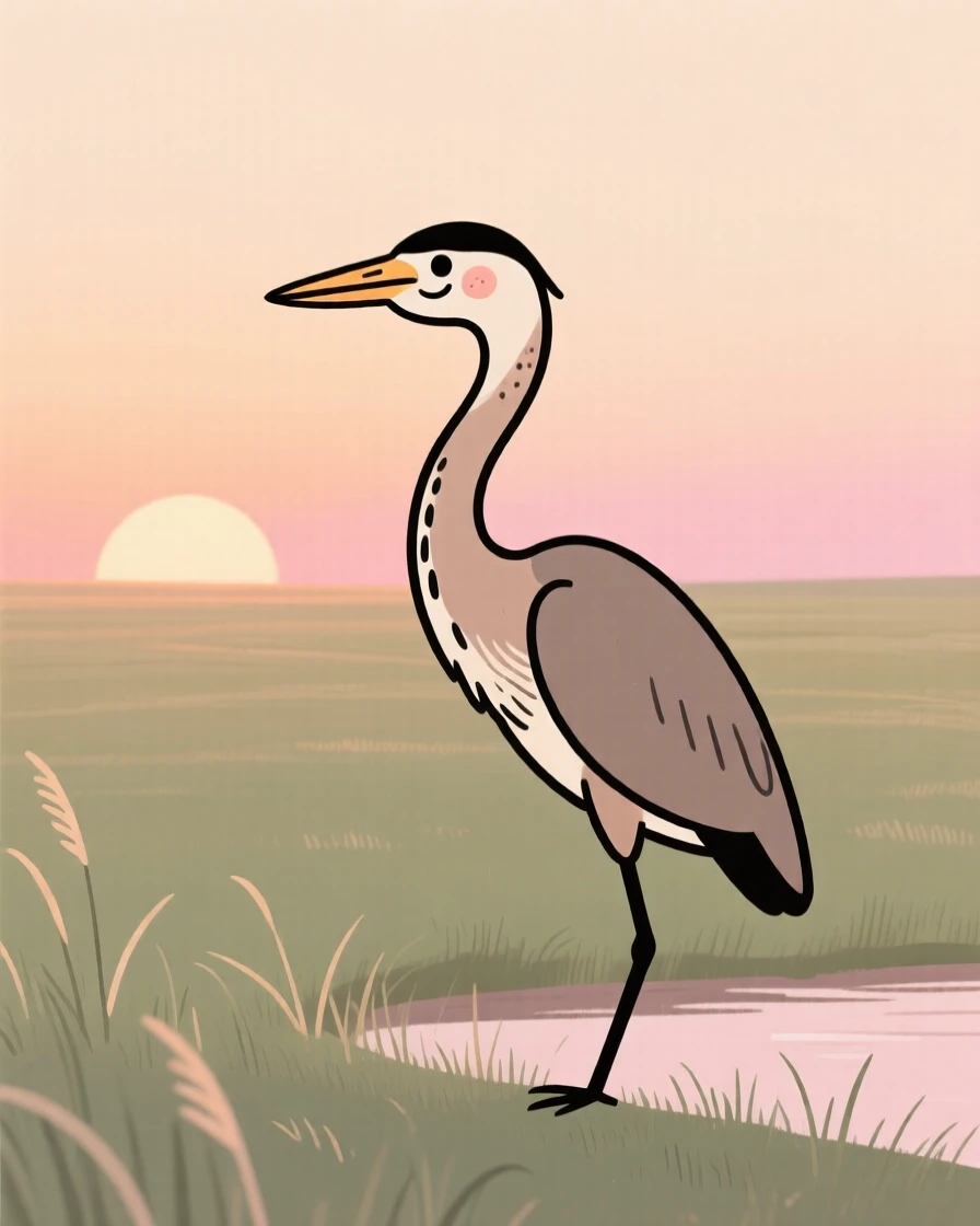 A heron stands at the edge of a open prairie, watching alertly as the rising sun paints the sky in warm colors.