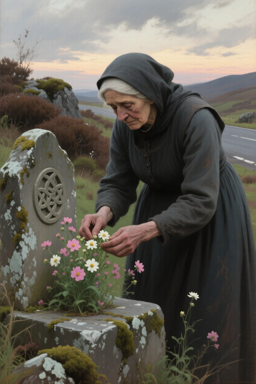 A tightly framed close-up of a widow tending flowers at a small roadside shrine, in the pale light of early evening, in the Scottish Highlands.