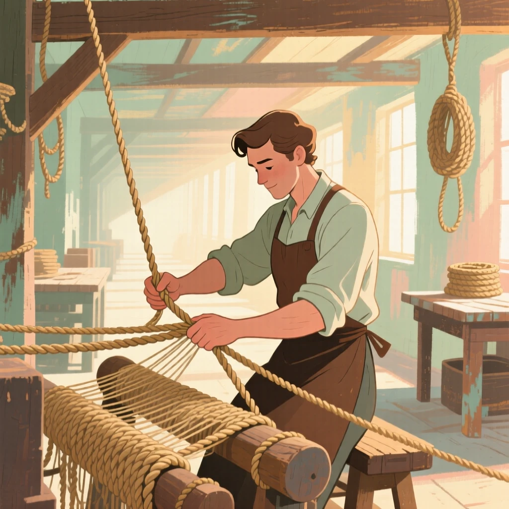 A rope maker twisting strands together in a long workshop