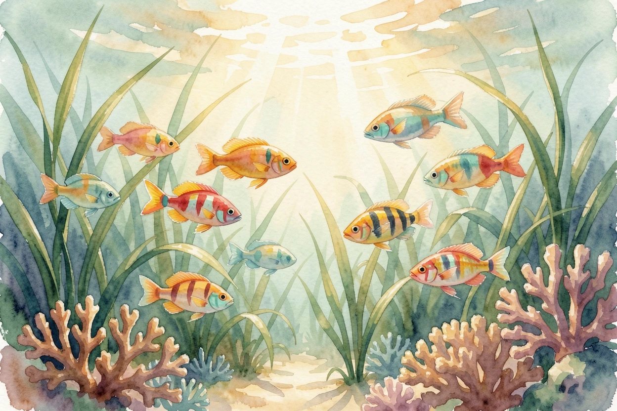 A school of tropical fish in a sunlit meadow.