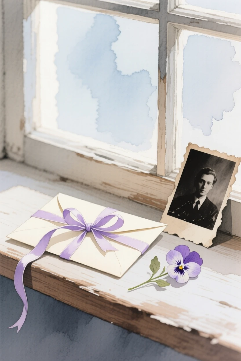 A letter tied with ribbon rests beside a pressed flower and an old photograph on a windowsill