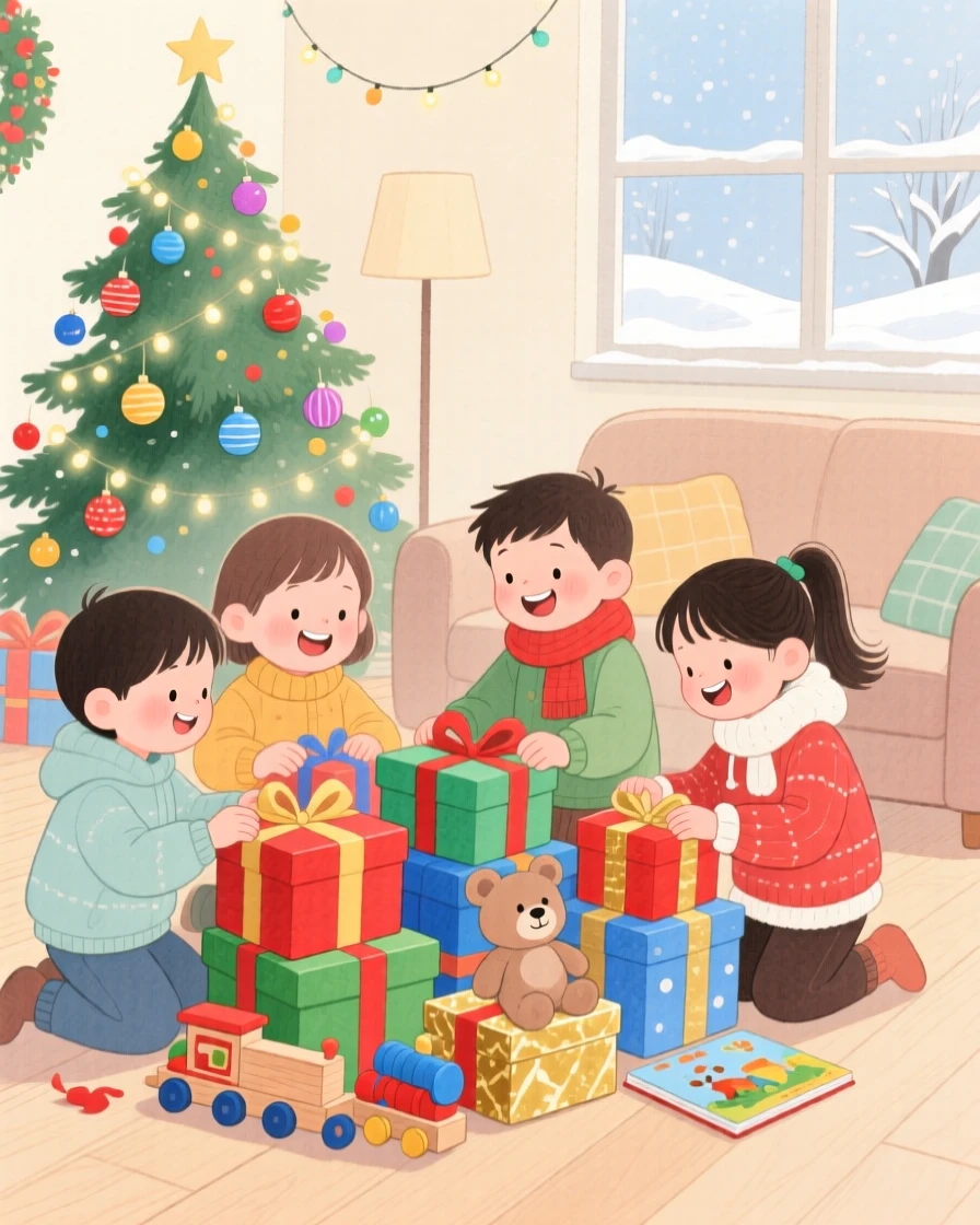A heartwarming moment showing children opening presents on a festive morning.