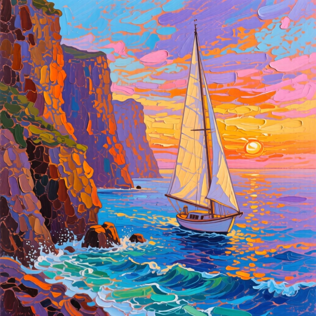 a sailboat gliding past sea cliffs, at sunset, composed along a natural leading line.