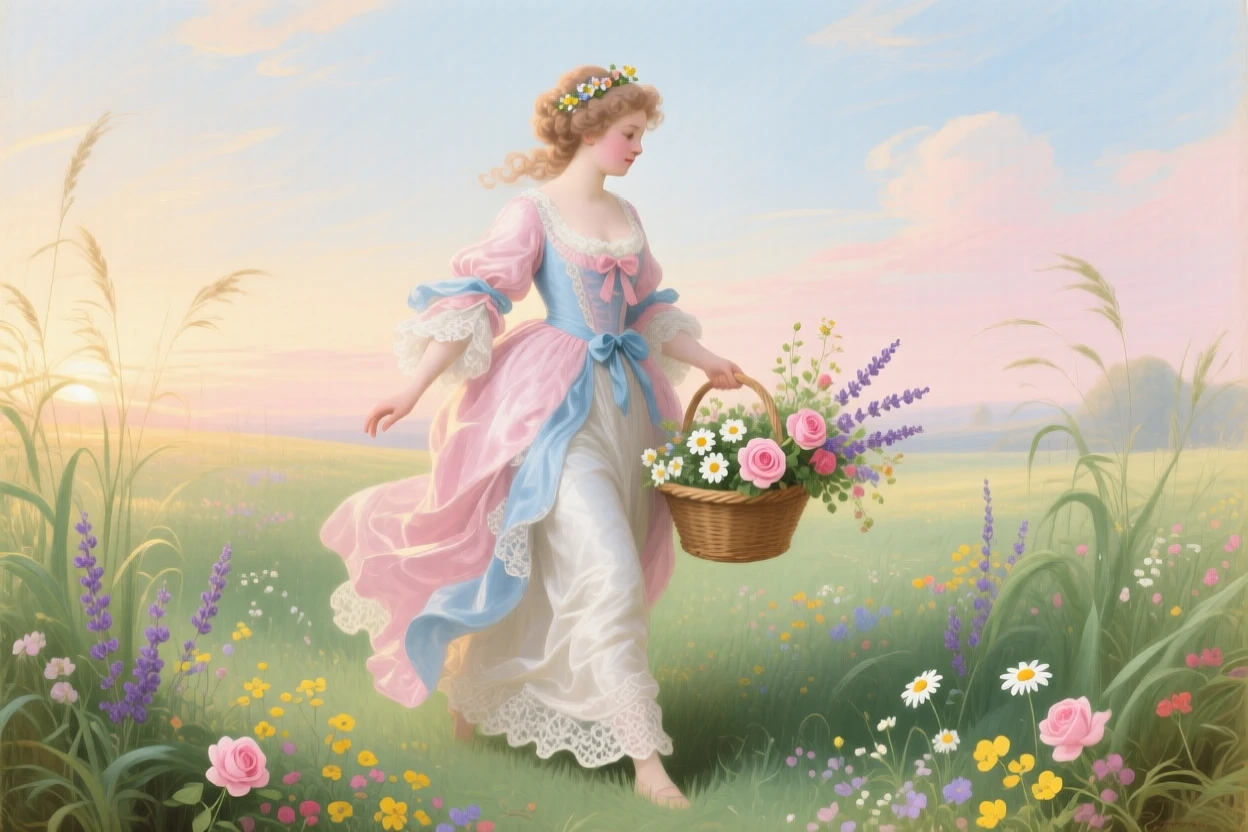 A young woman carrying a basket of wildflowers through a meadow at morning  
