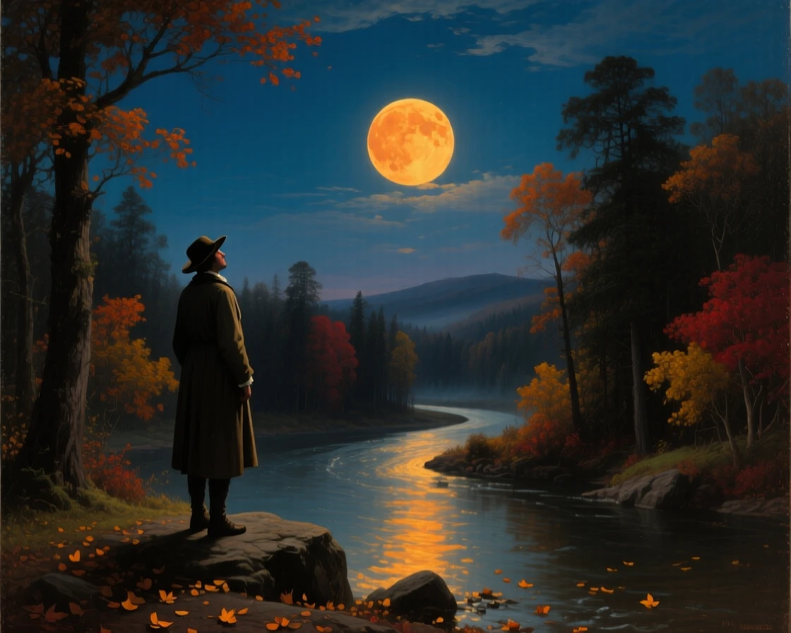 A lone figure is silhouetted against a brilliant harvest moon rising above a winding river.