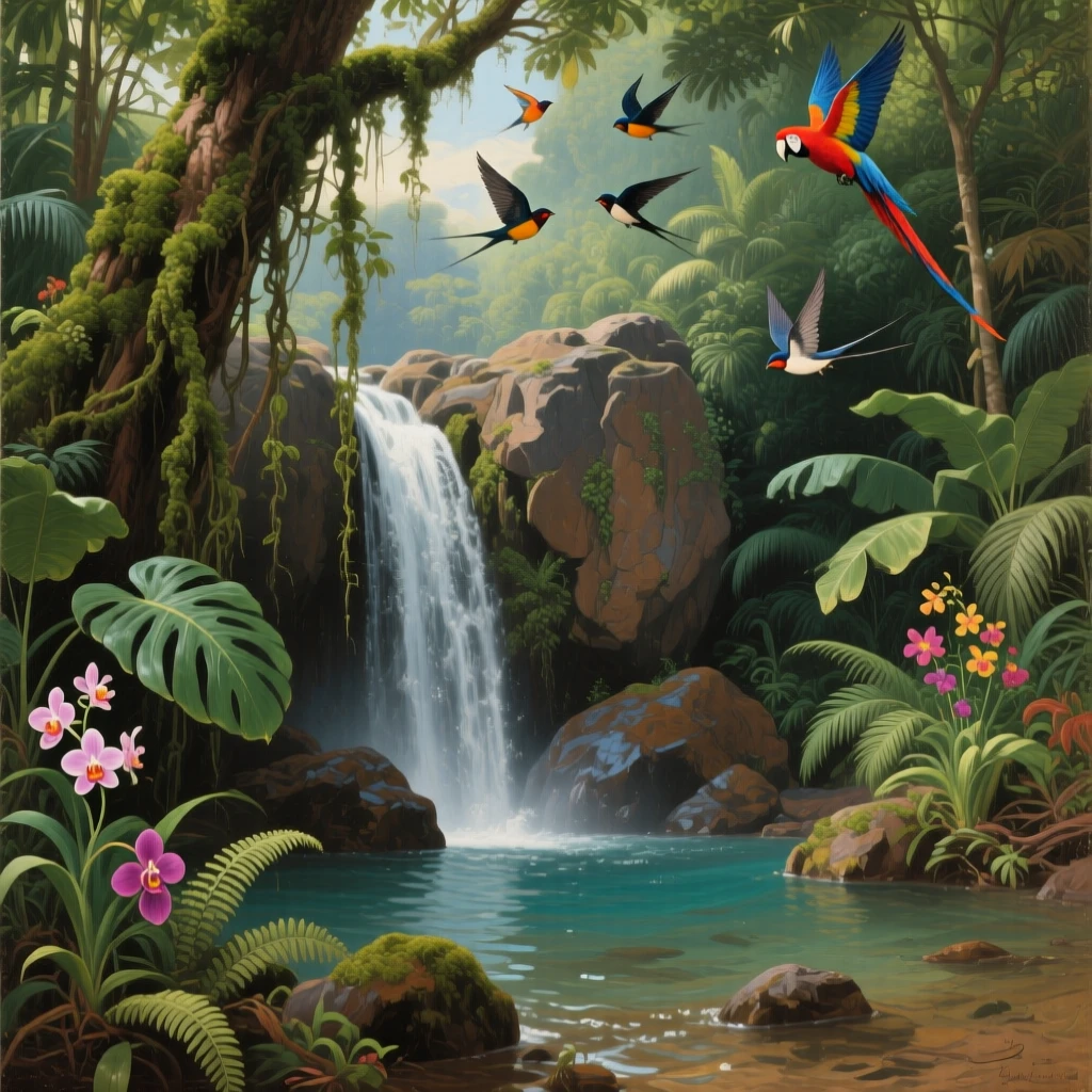 A hidden tropical waterfall veiled behind hanging jungle vines, as birds circle gracefully overhead, radiating tranquility and the timeless beauty of the natural world