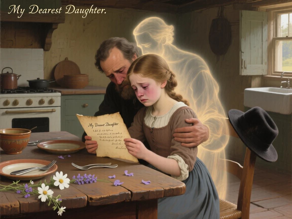 A daughter reading a final letter from her departed father in a gesture that speaks louder than words, set at a rustic kitchen table set for an unexpected guest, with scattered flowers and a fallen hat marking the moment; the two central figures are drawn close together in an intimate embrace, overflowing with tenderness, relief, and quiet triumph.