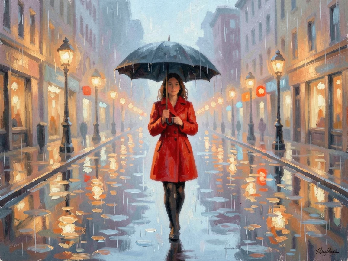 A woman in a red coat crossing a rain-soaked street beneath a black umbrella, city lights reflected in puddles.