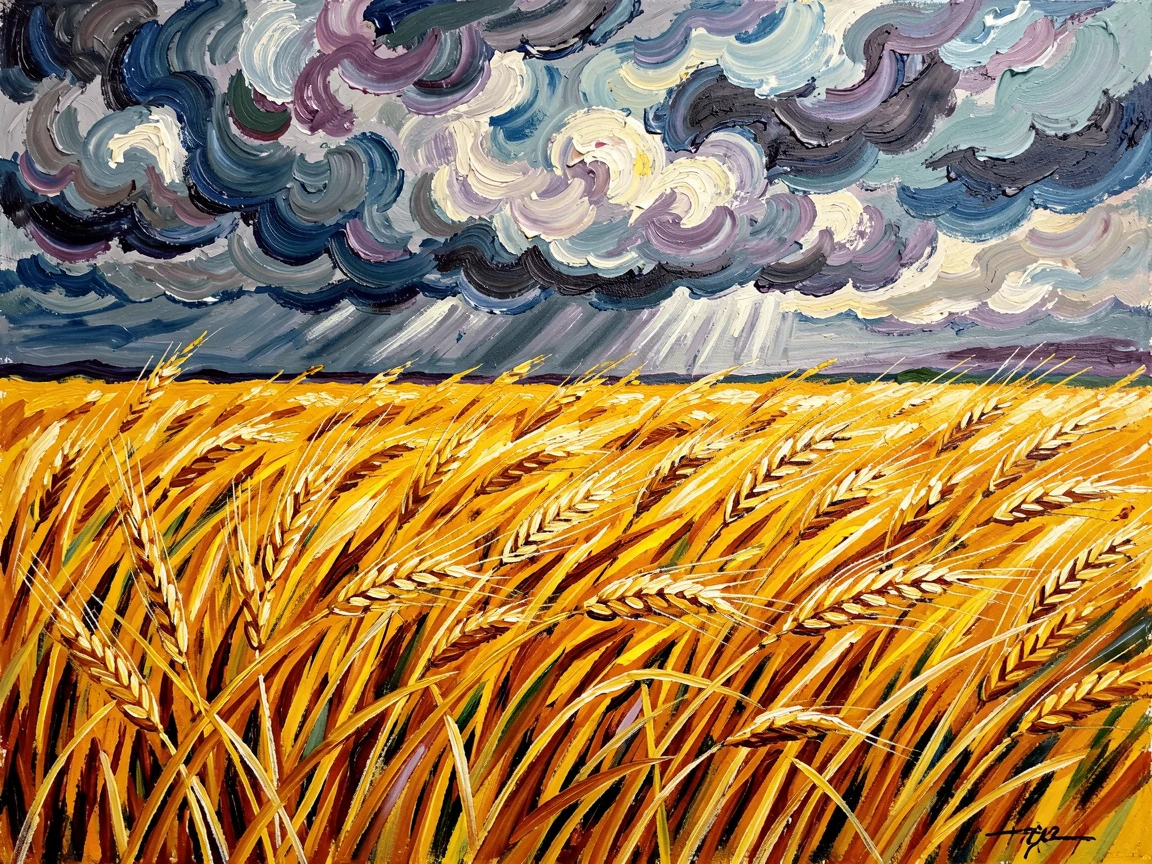 A field of golden barley rippling in the wind beneath approaching storm clouds.
