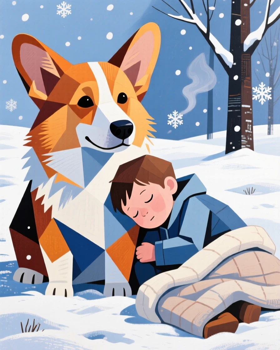 A charming portrait of a playful corgi snuggled beside a sleeping child, during a quiet snowy morning.