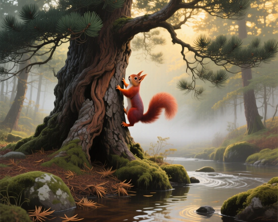 Deep in a Scottish pine forest, an ancient Caledonian pine stands twisted and weathered, a red squirrel darting up its bark, morning mist still clinging to the lower branches, small ripples or movement in the foreground giving the otherwise still setting a sense of quiet life.