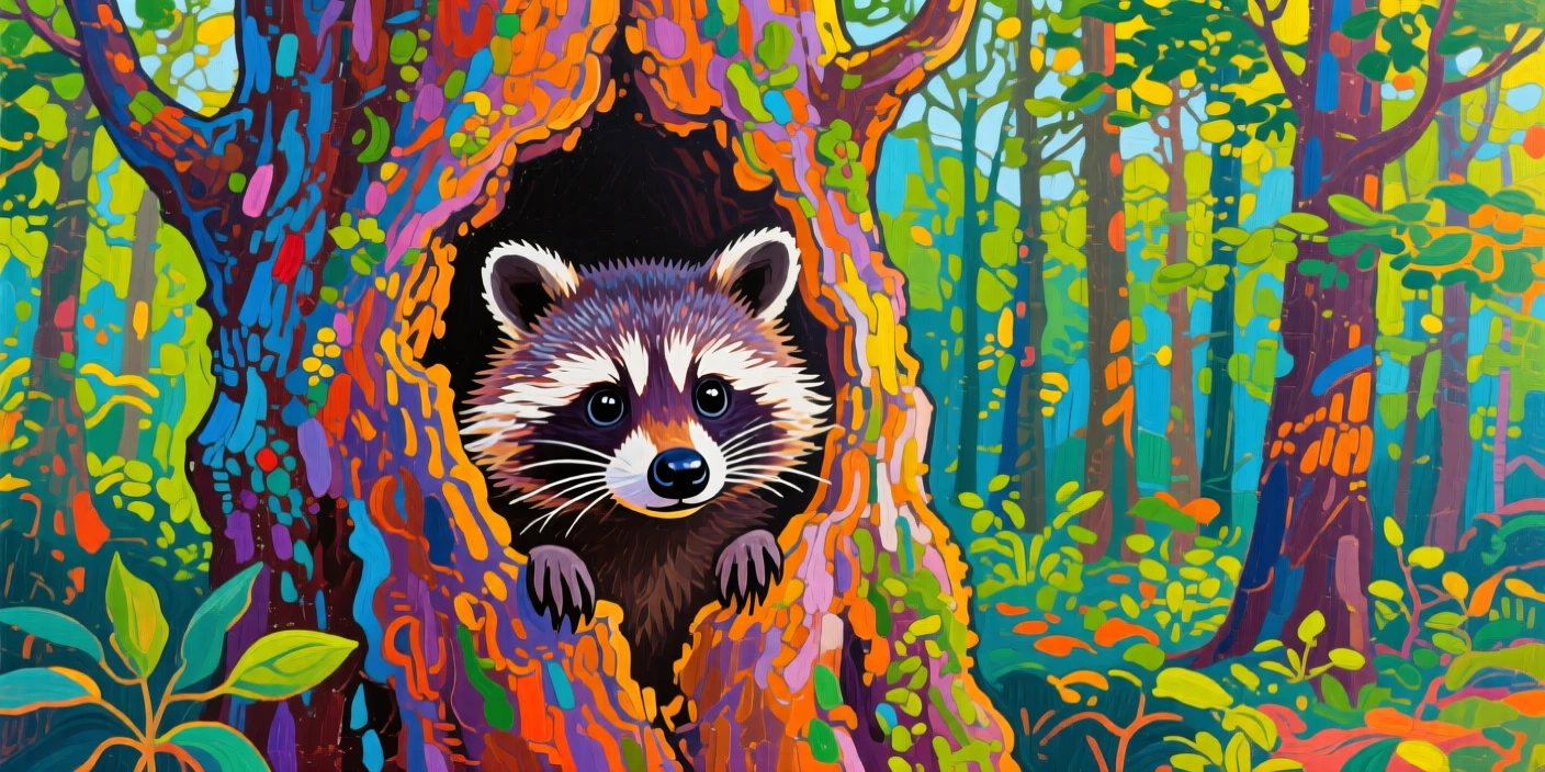 A curious raccoon peering out from a hollow tree trunk in a dense forest
