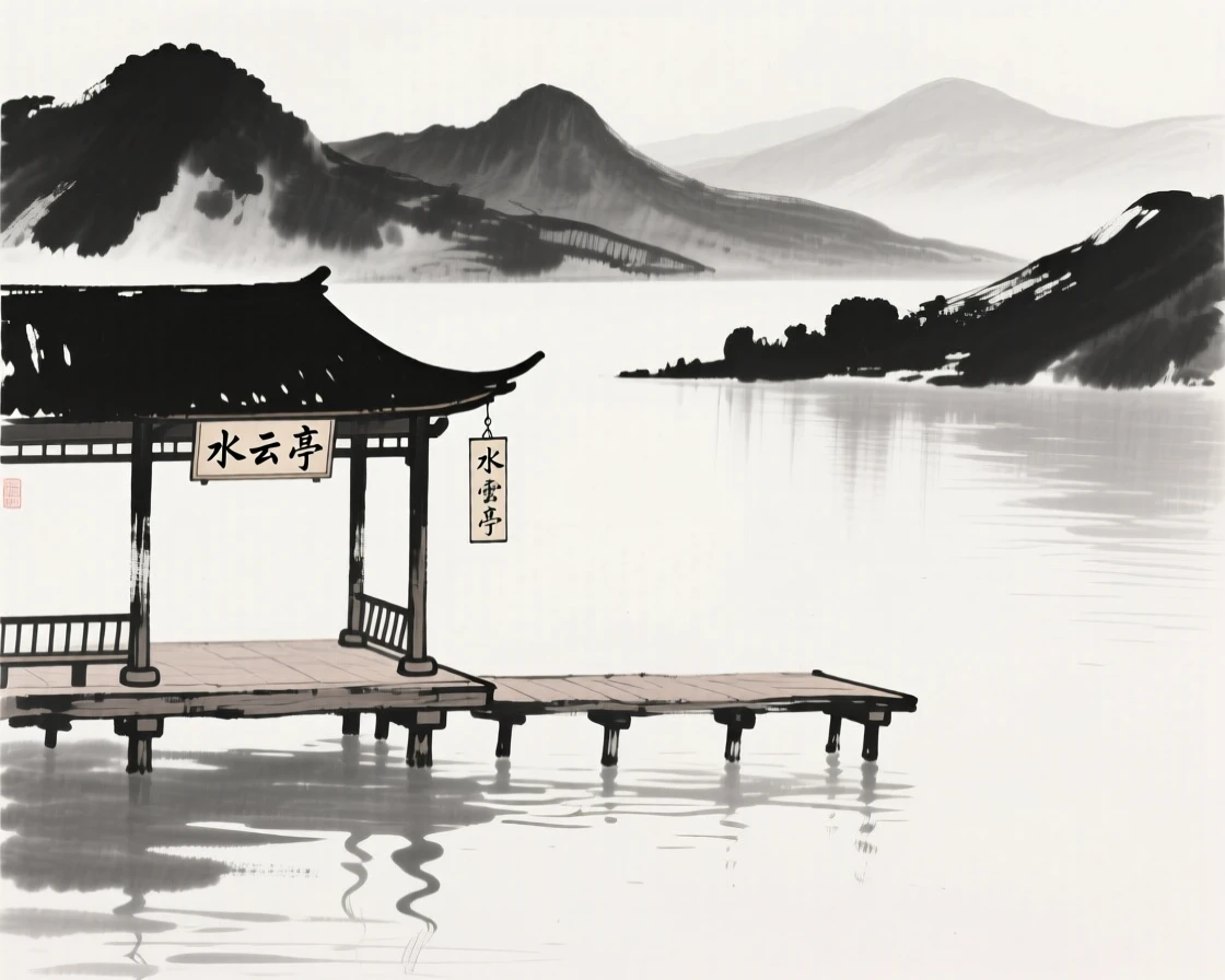 a lake ringed by distant peaks, with a wooden pavilion built out over the water on stilts.