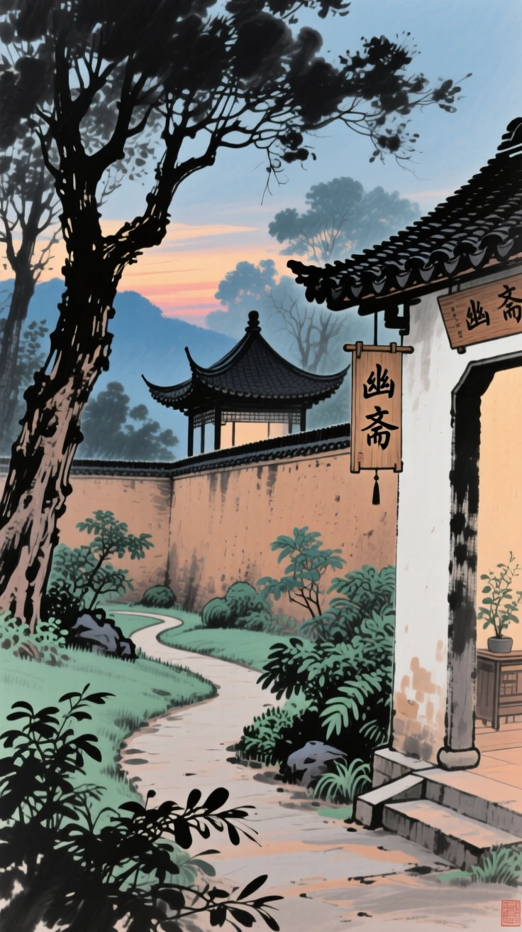 A walled garden with a winding path leading to a hidden pavilion, conveying a deep sense of harmony with nature, at dusk.
