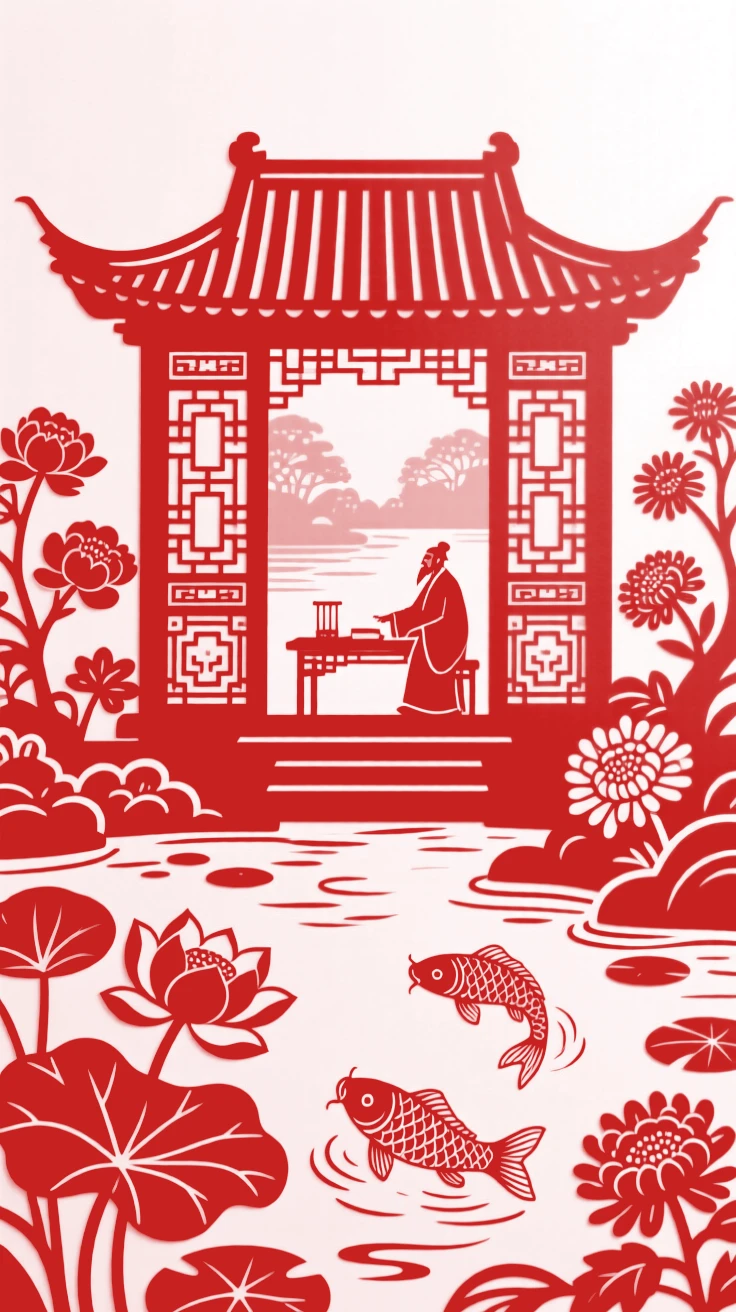 A scholar's study pavilion overlooking a garden pond, its lattice windows open to the fragrant evening air