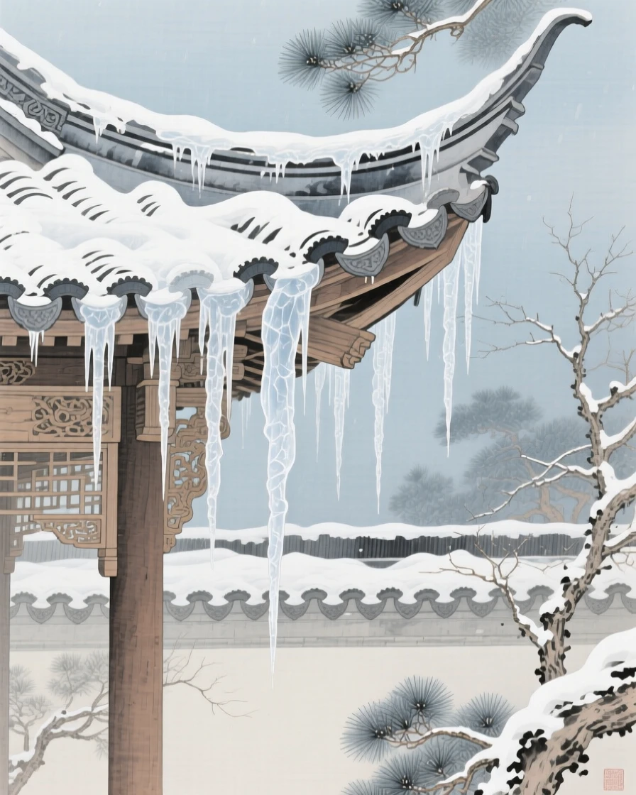 Icicles hanging from a garden pavilion roof after a winter storm