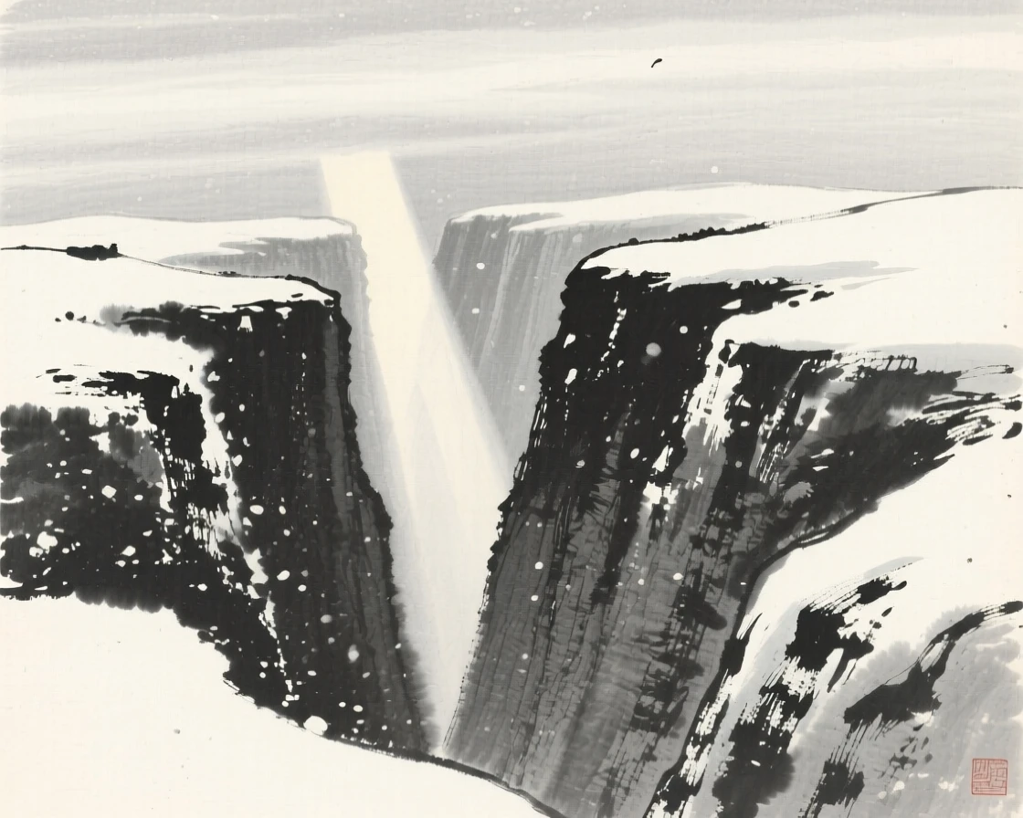 A narrow canyon lit by a single shaft of daylight under a pale winter sky heavy with unfallen snow, viewed from a high vantage point looking down across the whole scene, conveying calm reflection and gentle isolation.