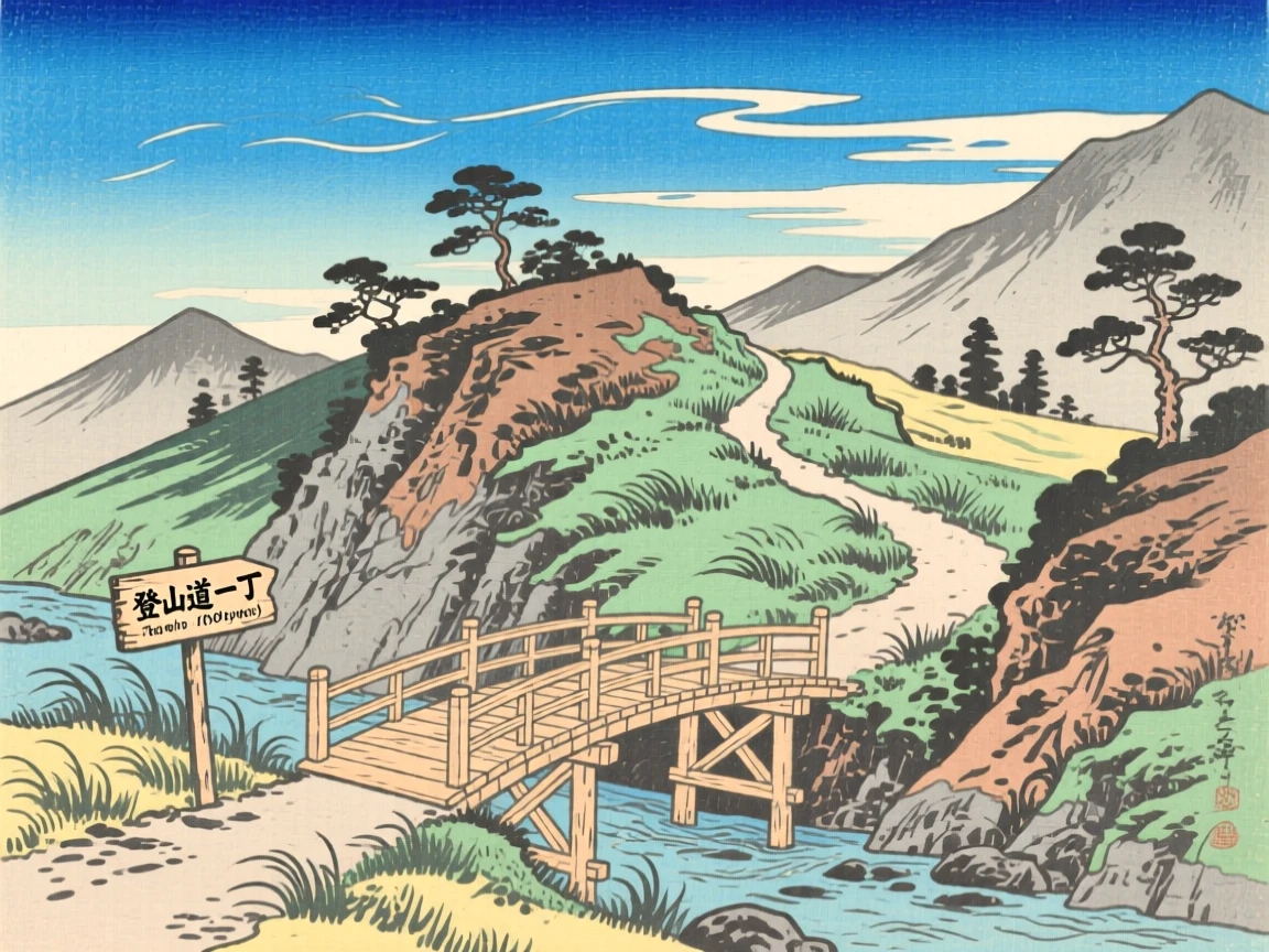 A windswept alpine ridge, with a narrow trail crossing a wooden bridge, under a brilliant blue midday sky.