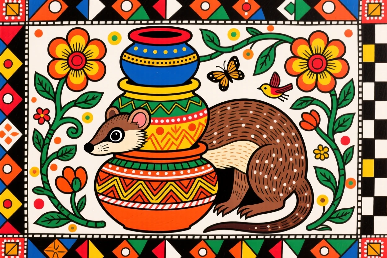 A mongoose peeking out from beneath a stack of clay pots.
