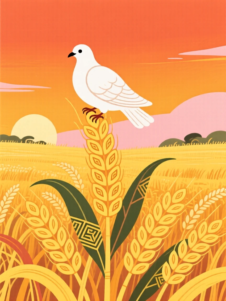 A dove perched in a golden wheat field at harvest time, in the golden hour before sunset.