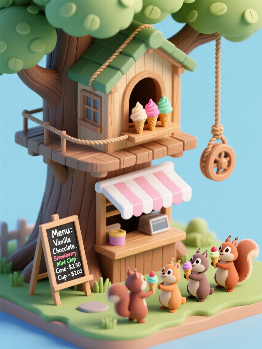 A treehouse ice cream parlor with a rope pulley delivering cones, striped awnings over serving windows, a small chalkboard menu, and squirrels lined up for a treat.