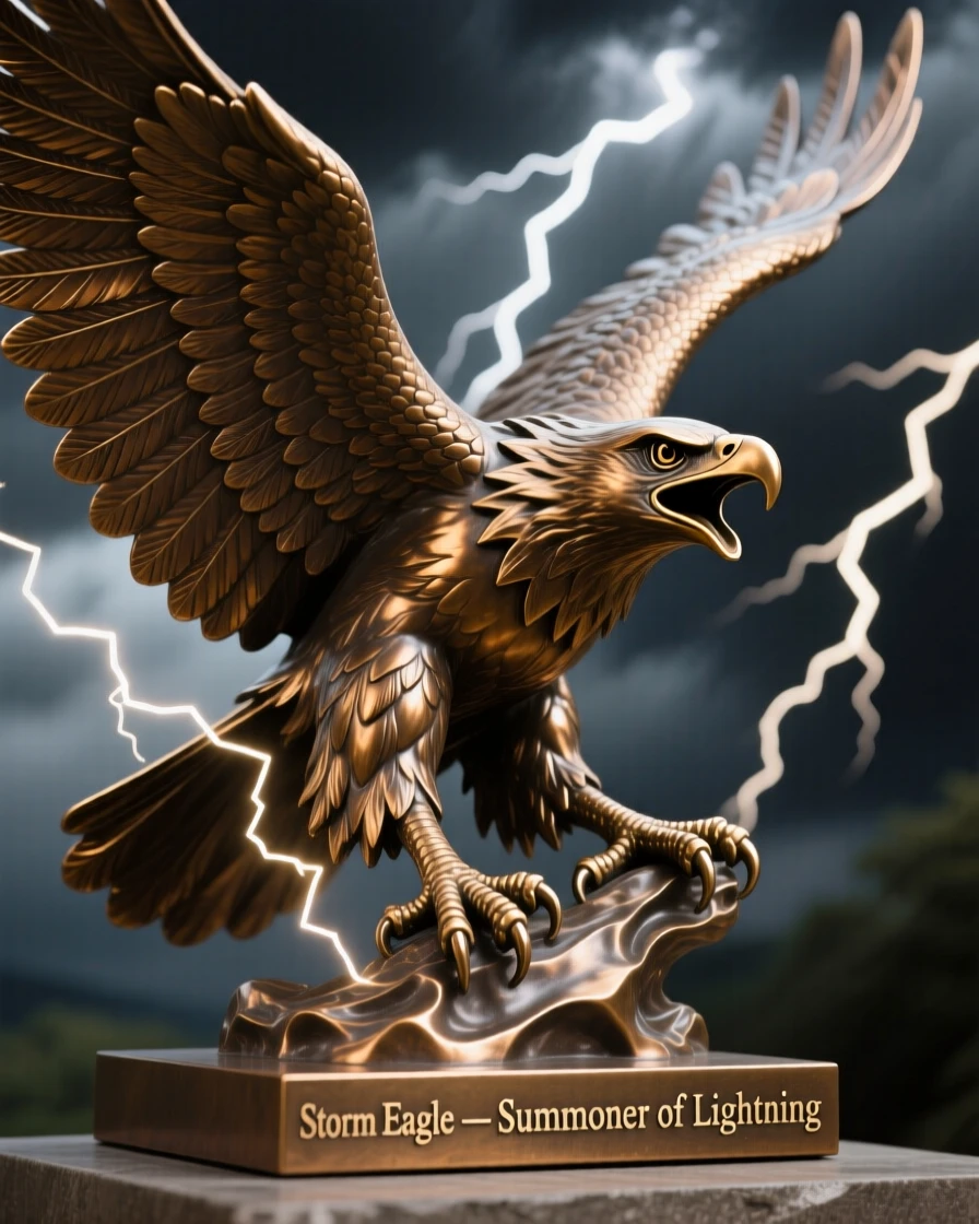 A storm eagle summoning lightning with a single cry, captured in a powerful, dynamic pose, radiating awe and grandeur
