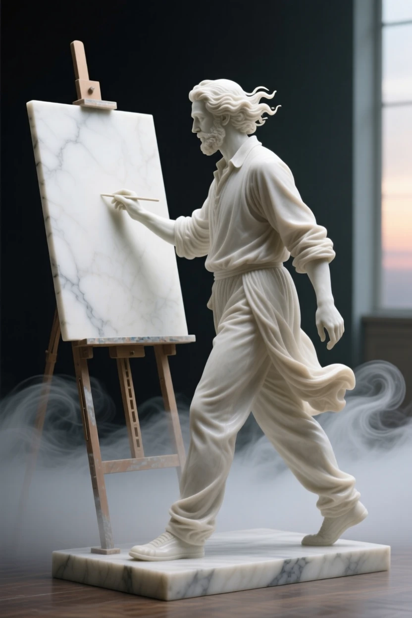 A tender portrait of a painter before a blank canvas, mid-stride, hair caught by the wind, amid swirling fog at dawn, evoking warmth and humanity