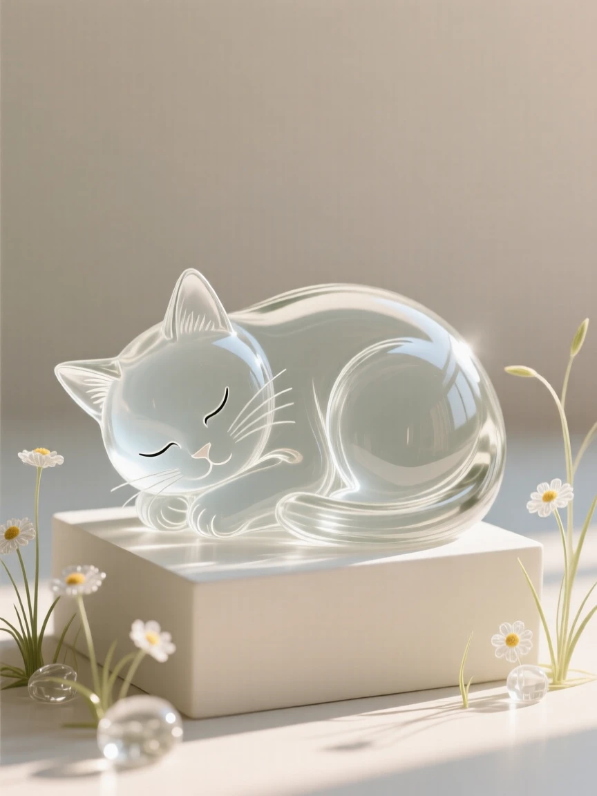 A kitten curled up asleep resting peacefully in a sunlit meadow scattered with wildflowers, a gentle breeze bending the grass, evoking warmth and tranquility.