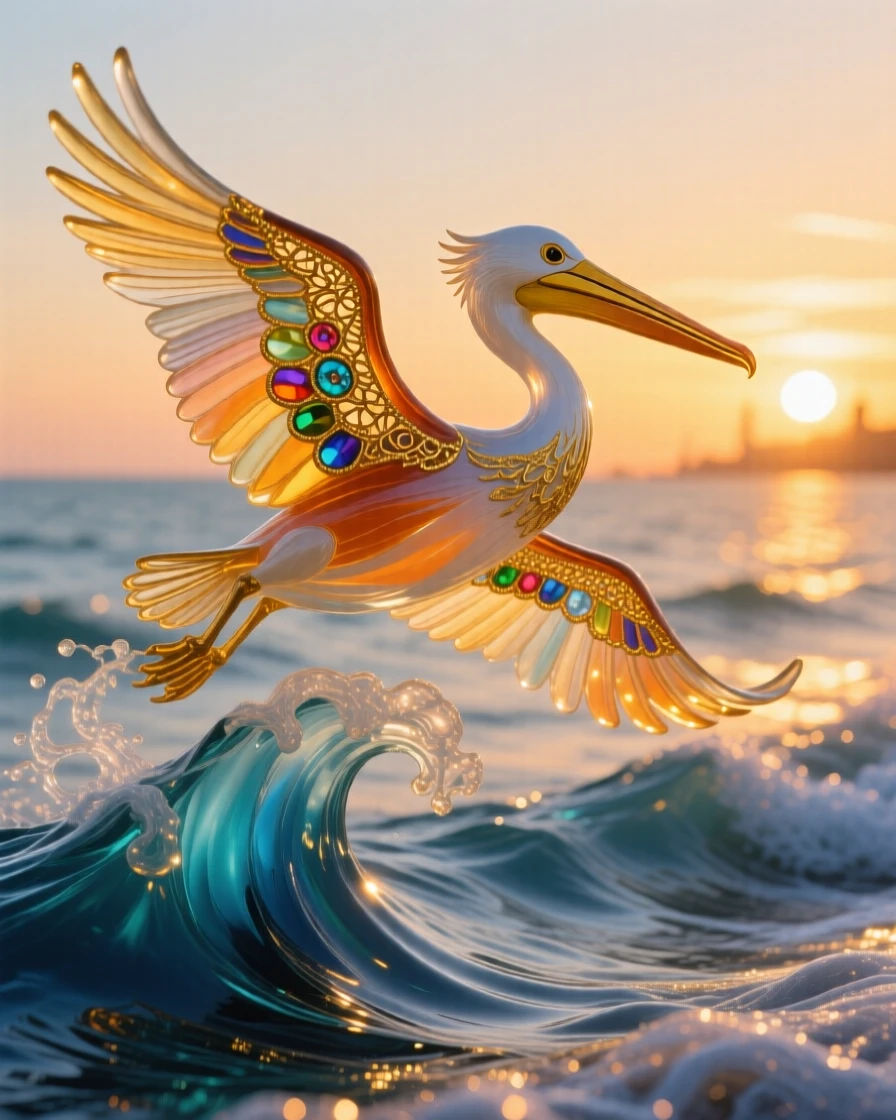 A pelican gliding just above ocean waves at golden hour, graceful and effortless.