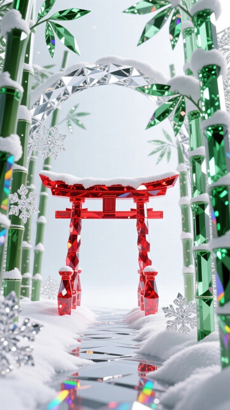 A snow-dusted bamboo grove with a single red torii gate at the end of the path.